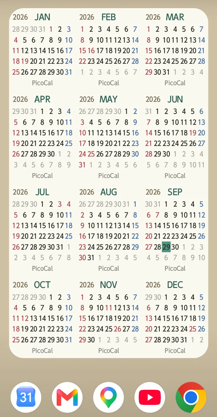 PicoCal displaying all 12 months in one Android home screen widget