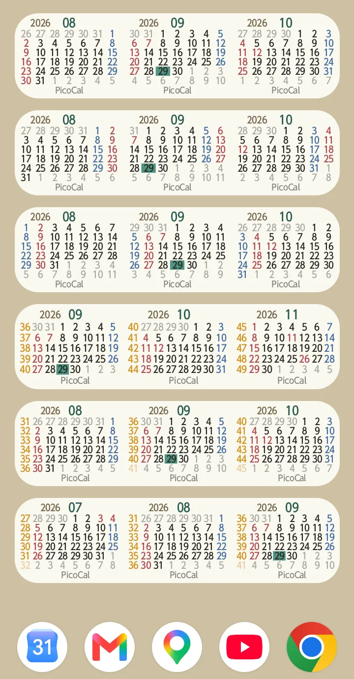 PicoCal layouts with different starting weeks, starting months, and week numbers