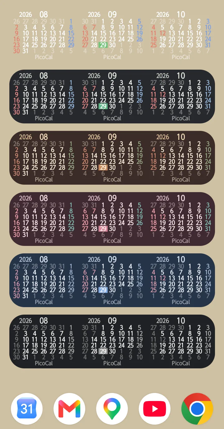 PicoCal calendar widgets with customizable dark color themes