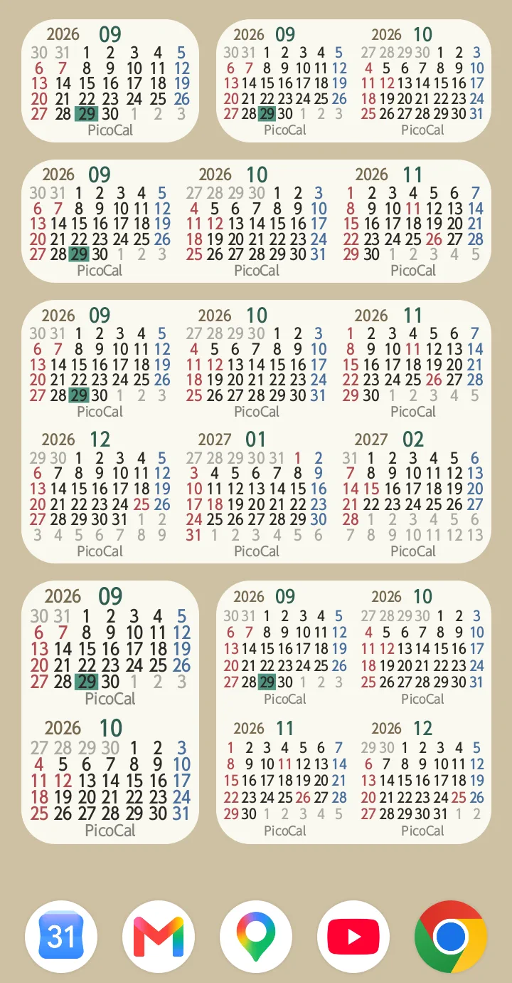 PicoCal widgets arranged in a variety of flexible month layouts