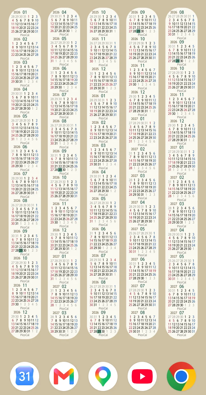 PicoCal displayed in unusually narrow vertical calendar layouts
